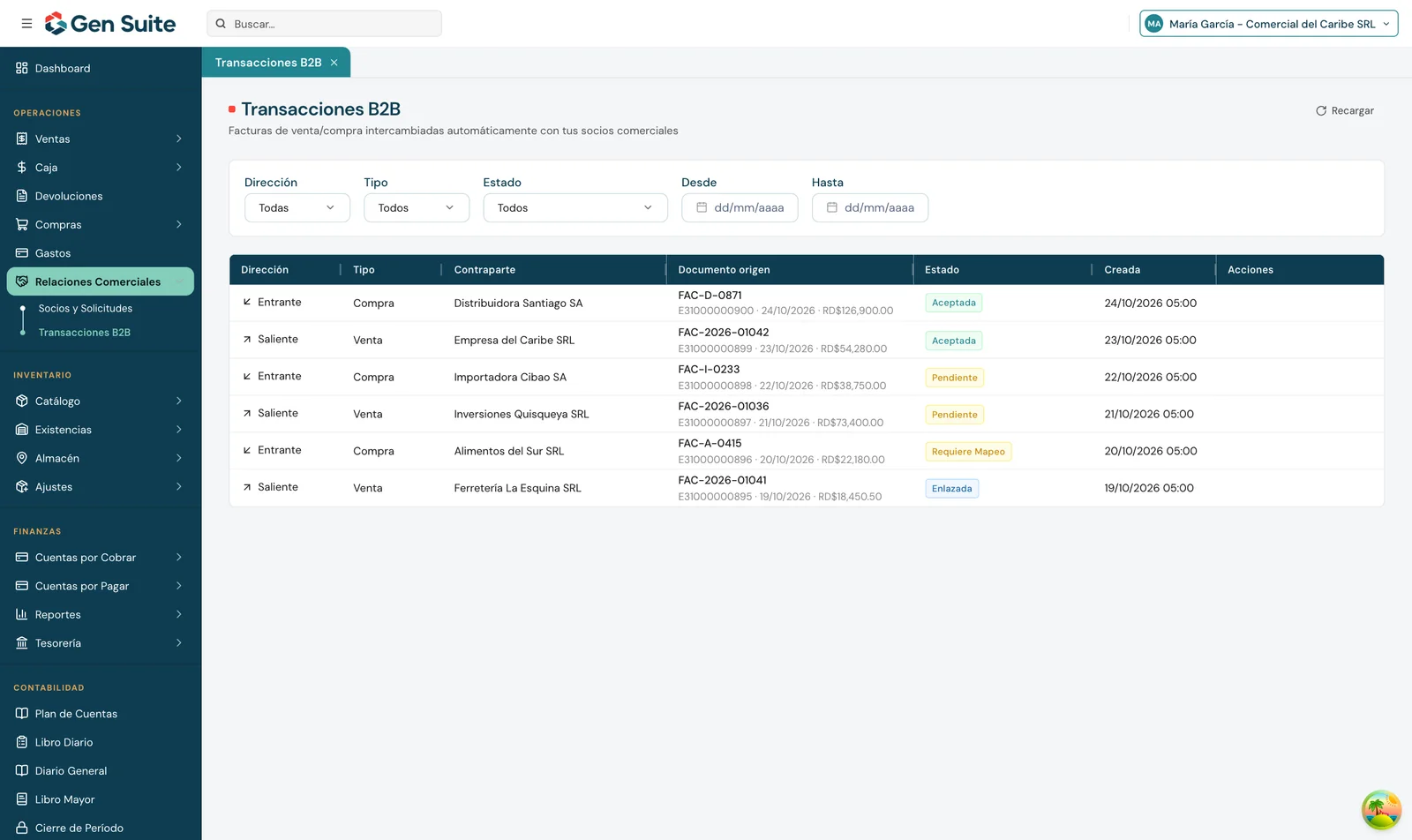 Pantalla de Transacciones B2B entre empresas (datos de ejemplo)